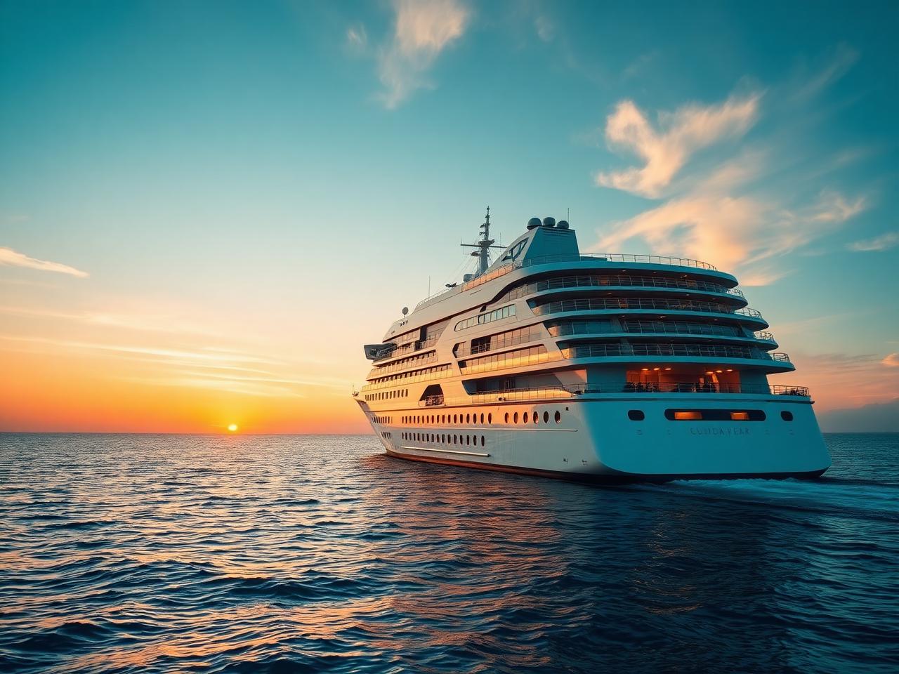 Navio de cruzeiro de luxo navegando ao pôr do sol