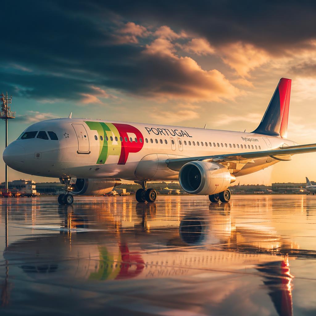 Avião da TAP Portugal em pista de aeroporto ao entardecer