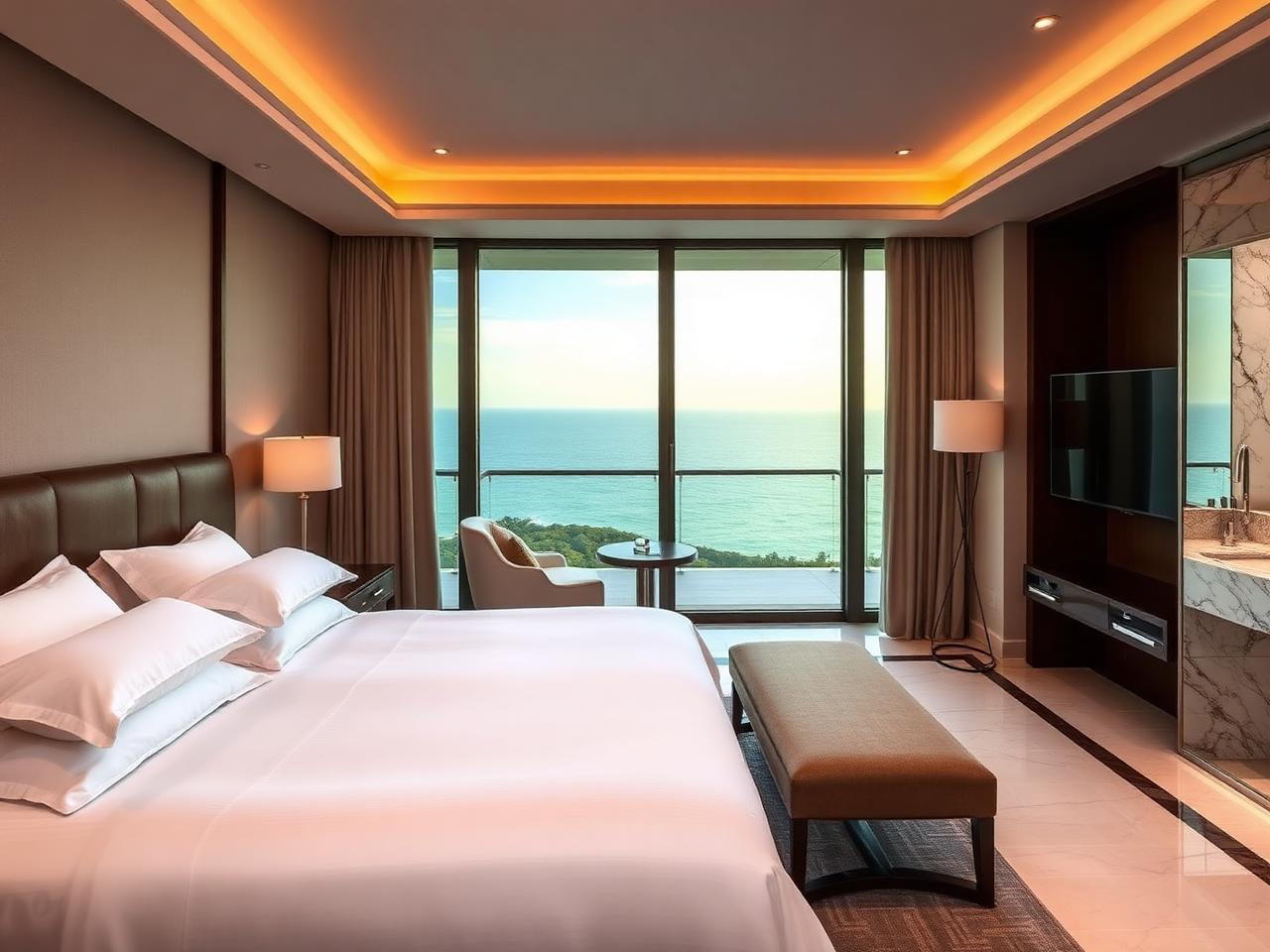 Suíte de hotel cinco estrelas com vista para o mar